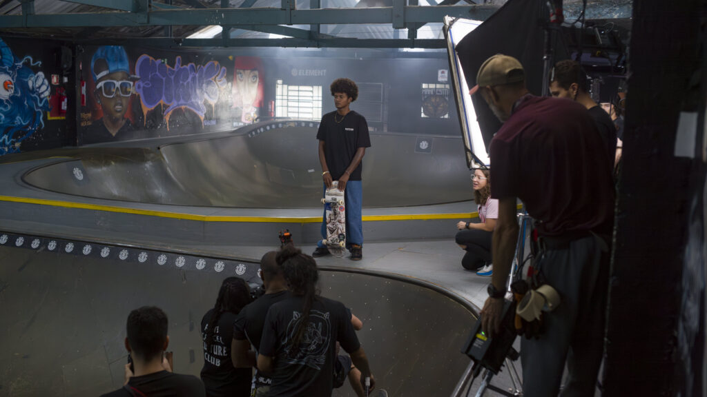 Video production at a skate park.